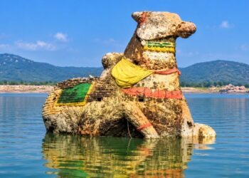 மேட்டூர் அணையில் நீர்மட்டம் சரிவு – முழுவதுமாக வெளியே தெரிந்த பழமையான நந்தி சிலை!